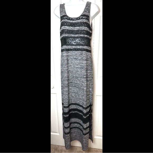 FREE PEOPLE Hazy Days Maxi Dress Black Gray Space Dye Marled Knit Lace Inset - Picture 2 of 12